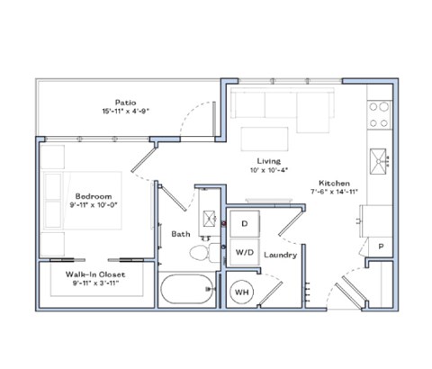 Floor plan for 1 bed, 1 bath, 545 sqft